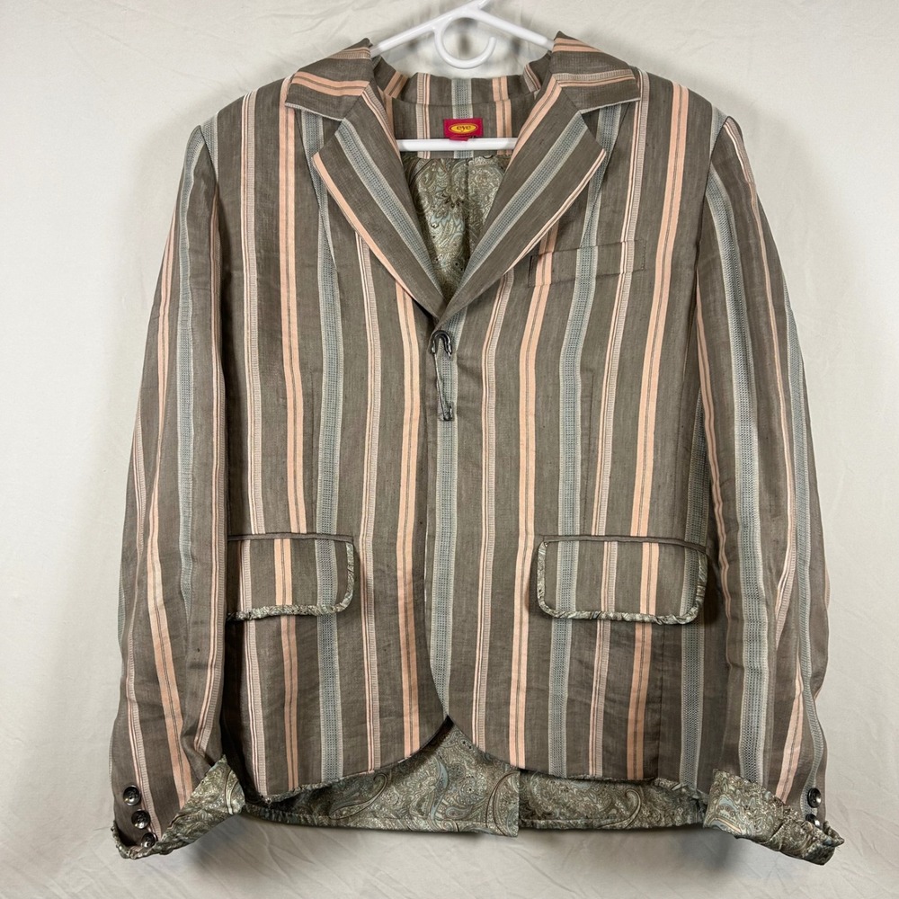 Eye Striped Blazer Jacket Brown Peach Blue Paisley Trim Safety Pin Closure Sz 14